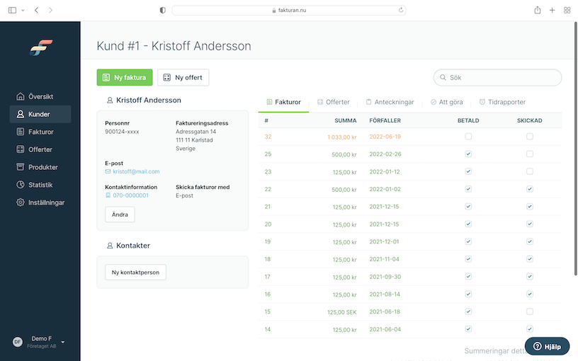 Skärmdump på kundregistret